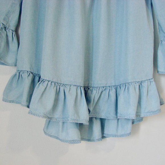 Ruffled Chambray Blouse Top Light Blue Boho Peasant Off Shoulder Size Small - Picture 10 of 14